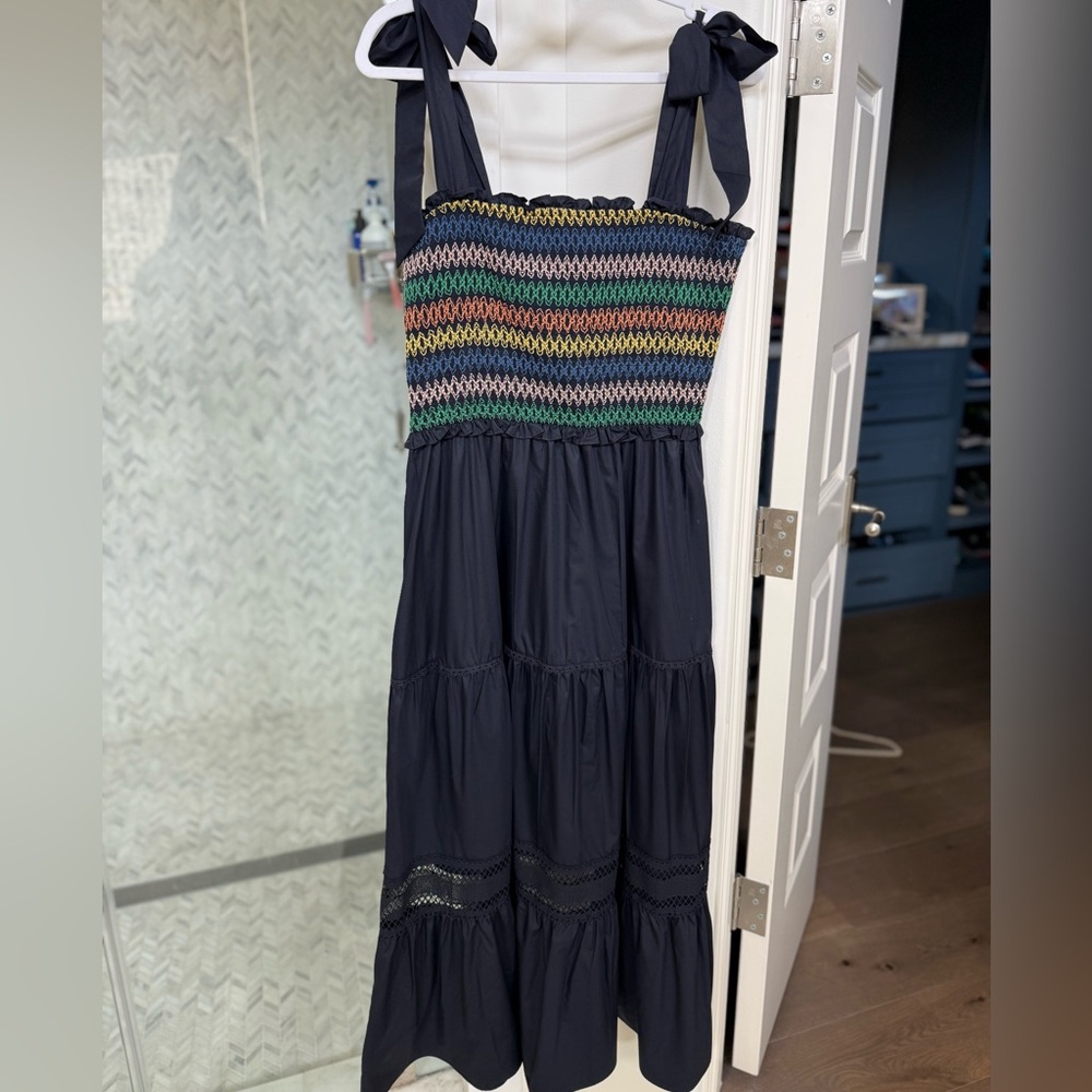 En Saison Navy Maxi Dress with Multicolor Smocked Bodice